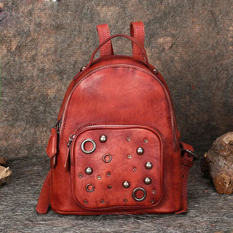 Best Vintage Rivet Black Gray Leather Rucksack Womens Small School Backpacks Leather Backpack Purse