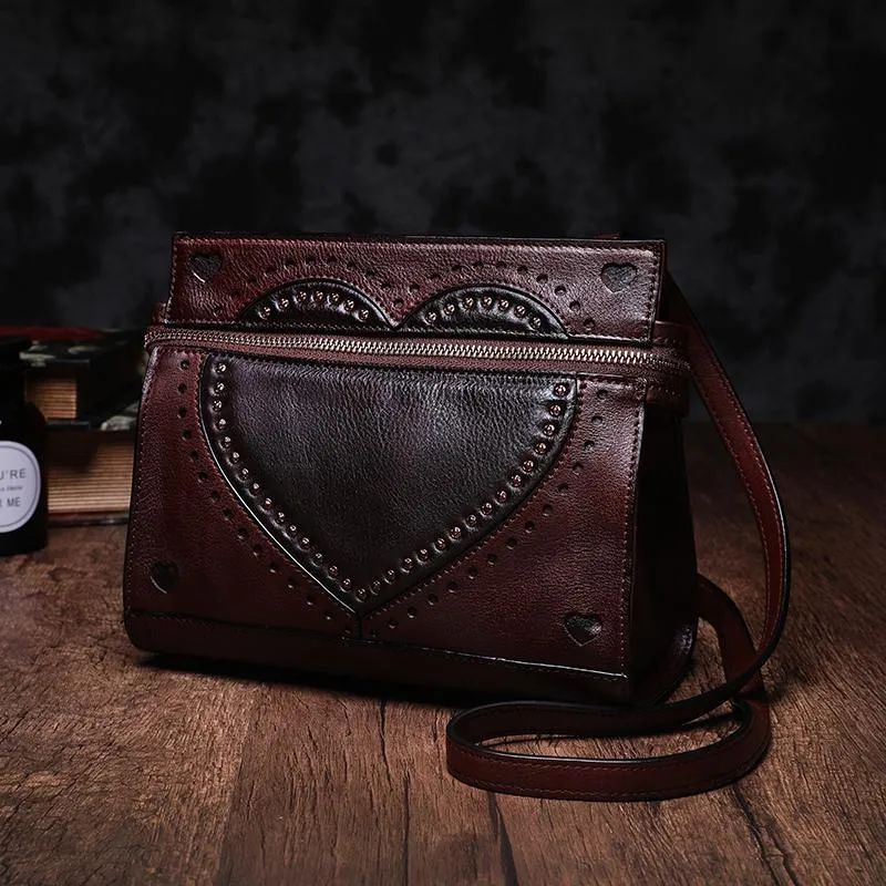 Black Vintage Womens Genuine Leather Heart Shoulder Bag Side Bag Purse for Ladies