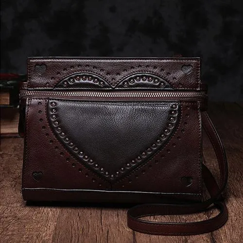 Black Vintage Womens Genuine Leather Heart Shoulder Bag Side Bag Purse for Ladies