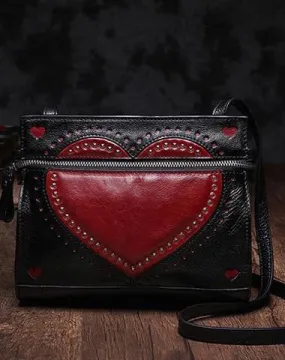 Black Vintage Womens Genuine Leather Heart Shoulder Bag Side Bag Purse for Ladies