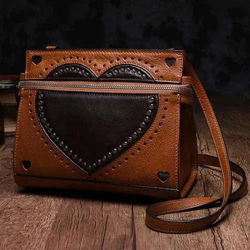 Black Vintage Womens Genuine Leather Heart Shoulder Bag Side Bag Purse for Ladies