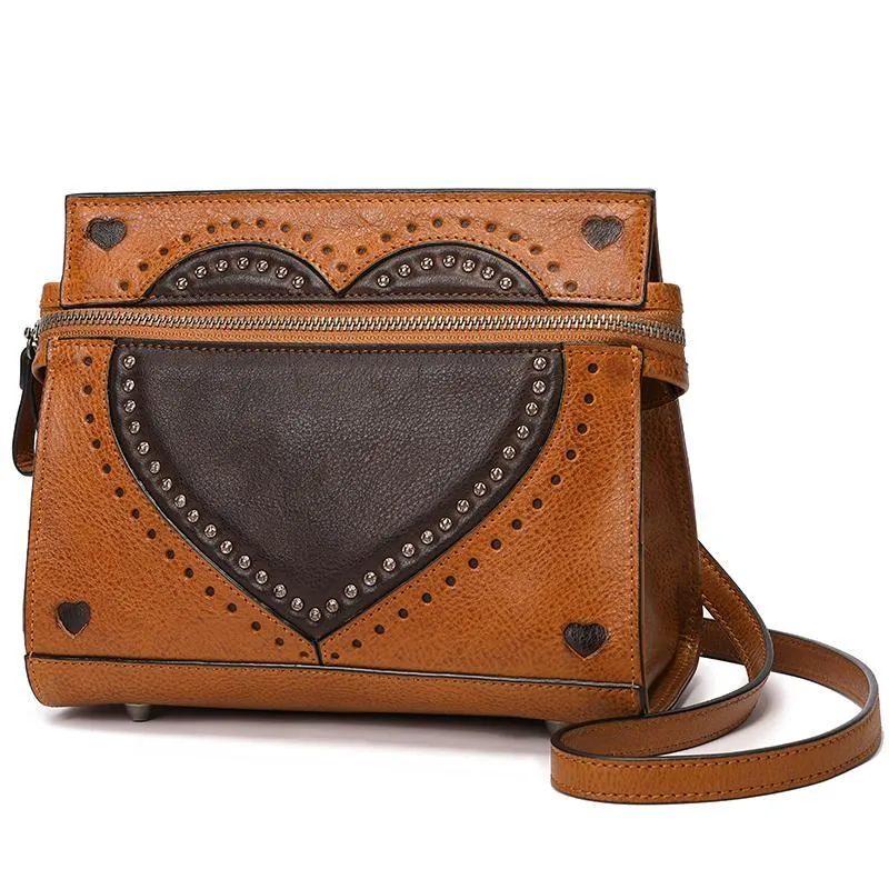 Black Vintage Womens Genuine Leather Heart Shoulder Bag Side Bag Purse for Ladies