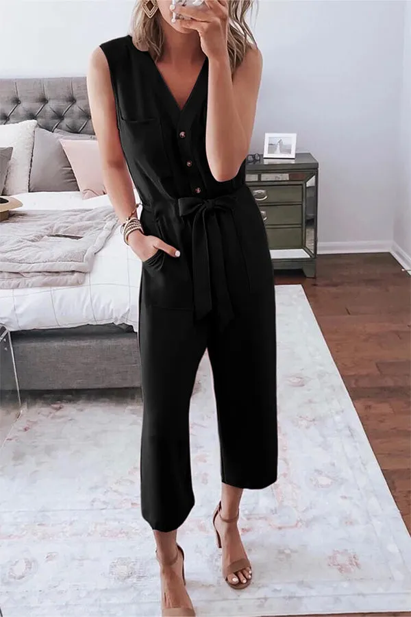 Buttoned Sleeveless Cropped Jumpsuit With Sash