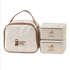 Cream 2pcs Bento Stainless Steel Lunch Box Container set with Lunch Bag