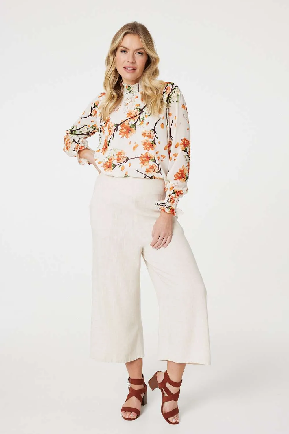 Floral Shirred High Neck Blouse