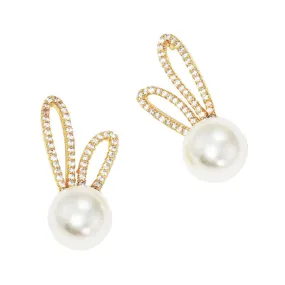 Gold Dipped CZ Pearl Rabbit Stud Earrings