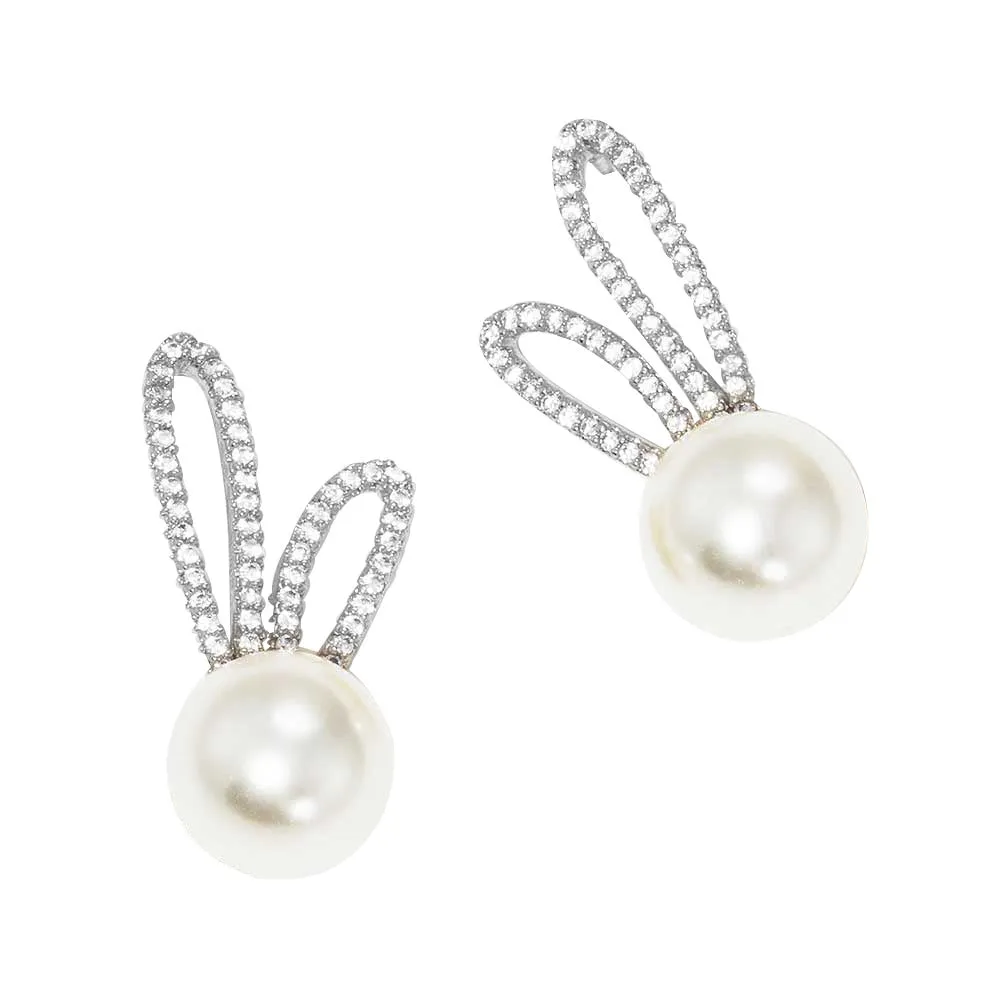 Gold Dipped CZ Pearl Rabbit Stud Earrings