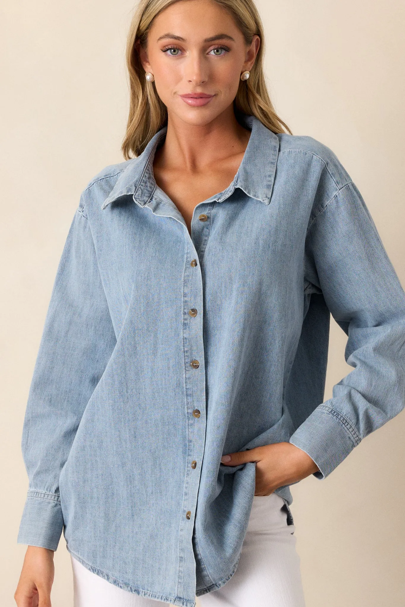 In Plain Sight 100% Cotton Light Chambray Button Front Top