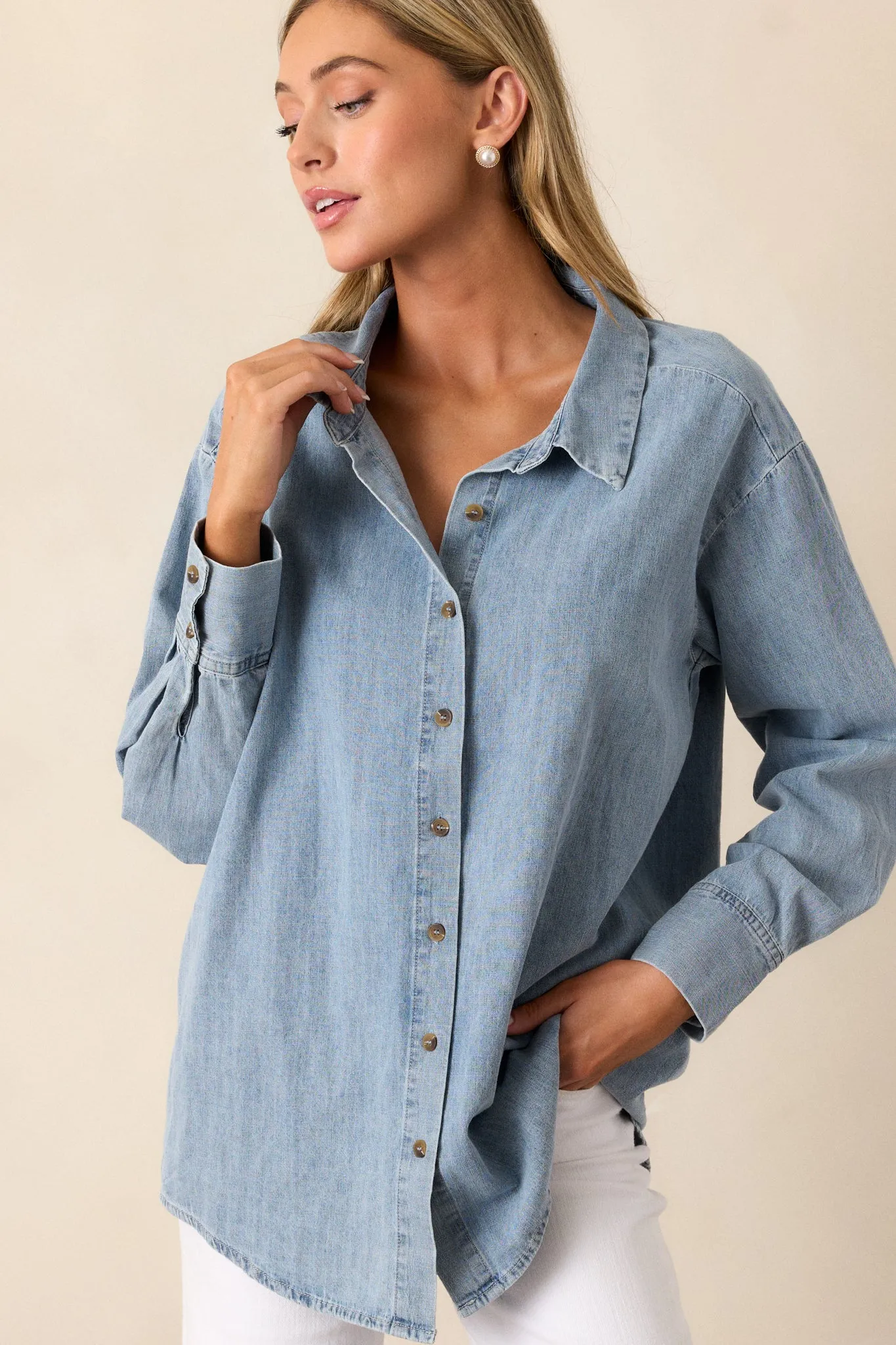 In Plain Sight 100% Cotton Light Chambray Button Front Top