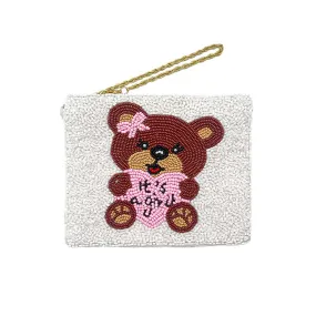 It's a Girl Message Bear Seed Beaded Mini Pouch Bag