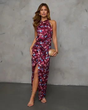 Paritza Floral Halter Neck Satin Maxi Dress