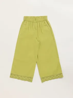 Utsa Kids Green Crochet Trim Cotton Blend Palazzos - (8 -14yrs)