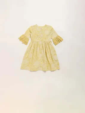 Utsa Kids Mustard Floral Design A-Line Cotton Dress - (2 -8yrs)