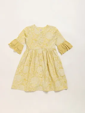 Utsa Kids Mustard Floral Design A-Line Cotton Dress - (8 -14yrs)