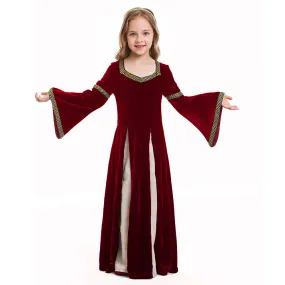 VeeGet Retro Medieval Kids Girls Red Dress Party Gown Costume Outfits Halloween Carnival Party Suit GirlKidsCostume