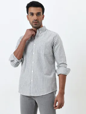 WES Casuals Dark Sage Striped Slim-Fit Cotton Shirt