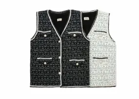 Women Tweed Vest Pearl Twist Knitted Vest