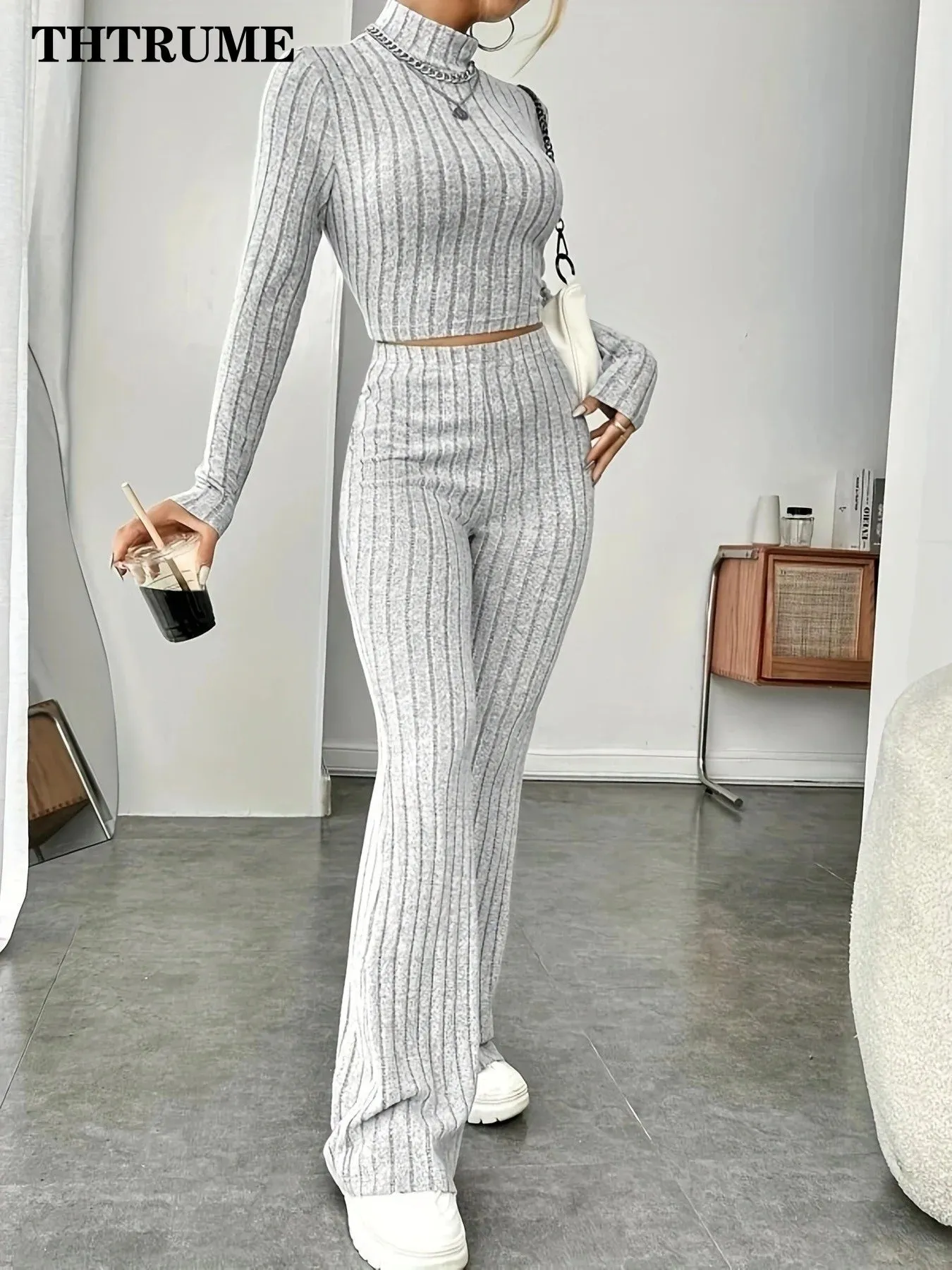 Women's Fashion Solid Color Streetwear – Autumn/Winter Elegant Round Neck Top and Loose Pants Suit, Casual Holiday Sport Two-Piece Set